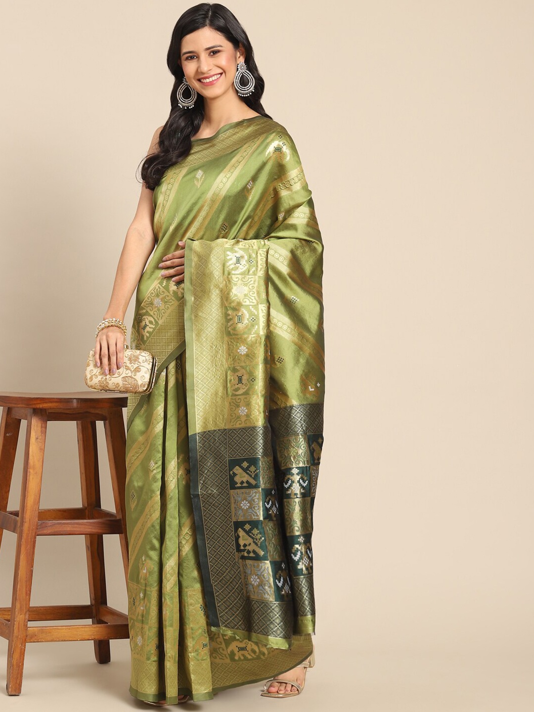 

Mitera Ethnic Motifs Woven Design Kanjeevaram Saree, Green
