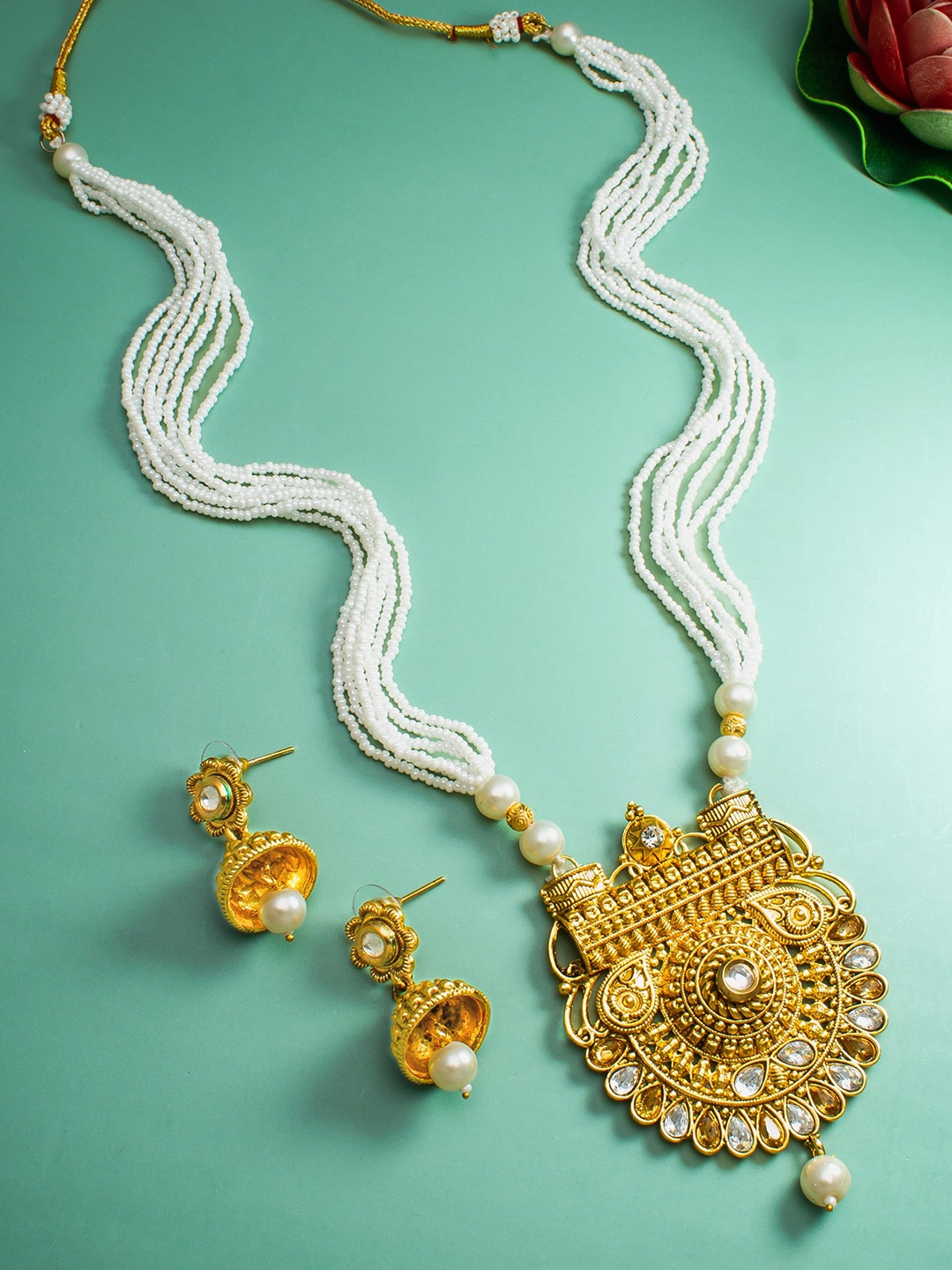 aadita Gold Plated Kundan Stone Studded & Pearls Beaded Jewellery Set