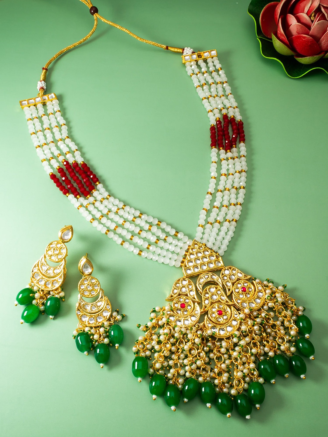 

aadita Stone Studded & Pearl Beaded Silver Jewellery Set, Gold