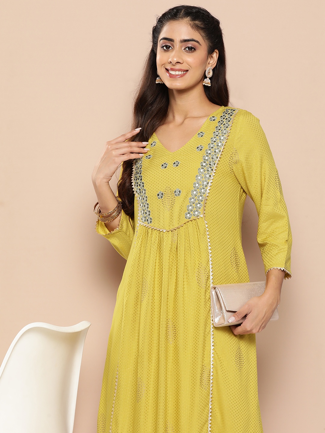 

HERE&NOW Women Floral Yoke Design Gotta Patti Kurta, Yellow