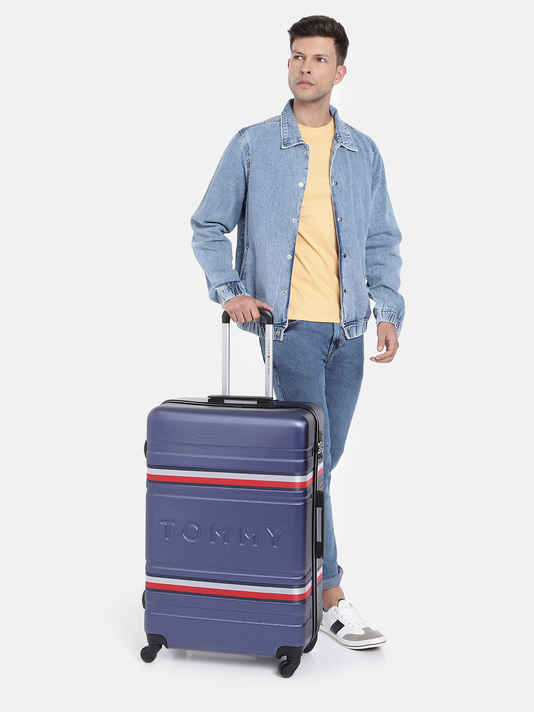 

Tommy Hilfiger Textured & Striped Hard-Sided Large Trolley Suitcase, Navy blue