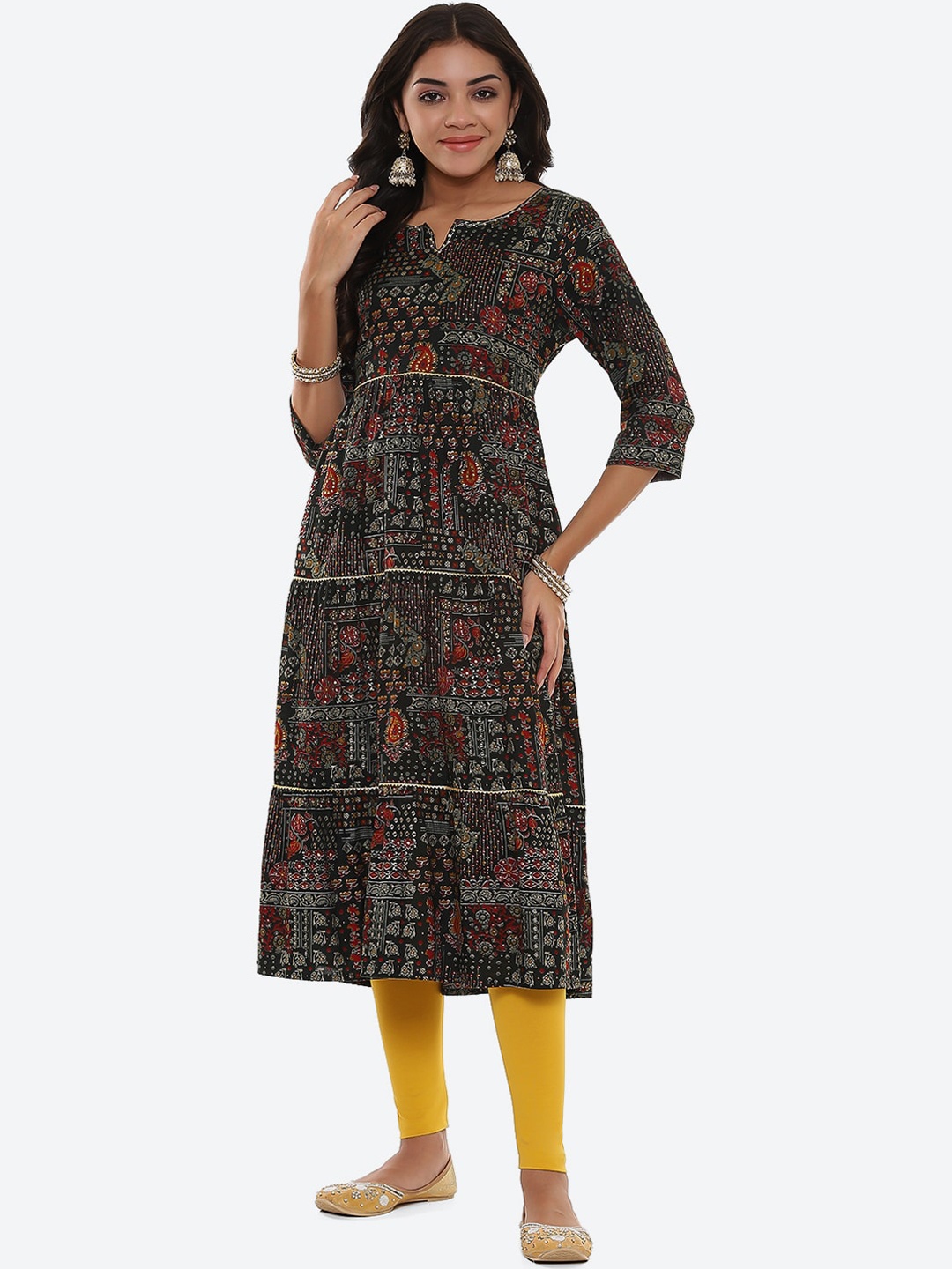 

2Bme Ethnic Motifs Printed Anarkali Tiered Cotton Kurta, Green
