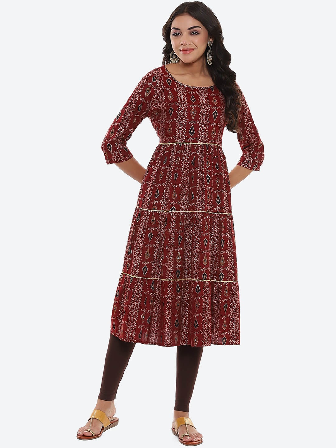 

2Bme Ethnic Motifs Printed Tiered Detail Anarkali Cotton Kurta, Maroon