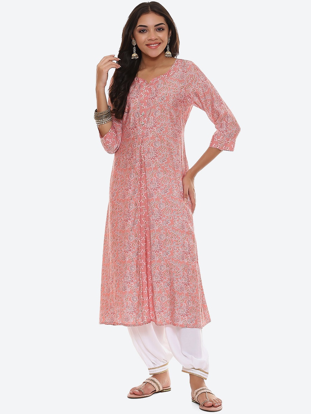 

2Bme Floral Printed Notched Round Neck Cotton Kurta, Pink