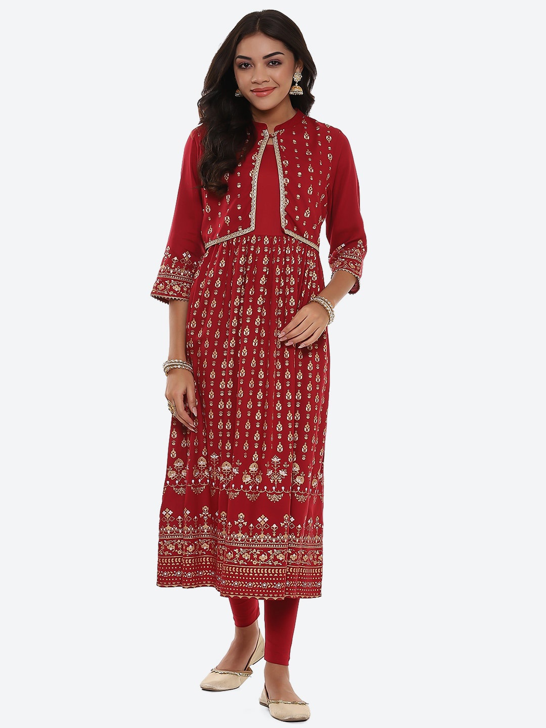 

2Bme Ethnic Motifs Printed Mandarin Collar Flared Anarkali Kurta, Maroon