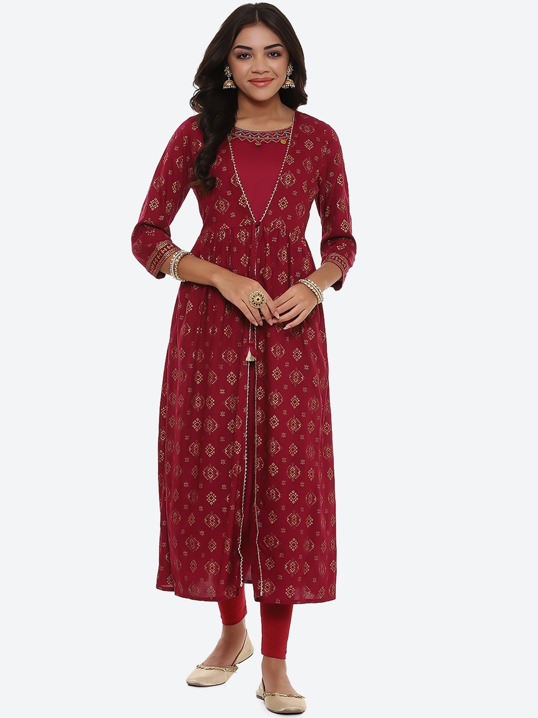 

2Bme Ethnic Motifs Printed Thread Work Empire Kurta, Maroon