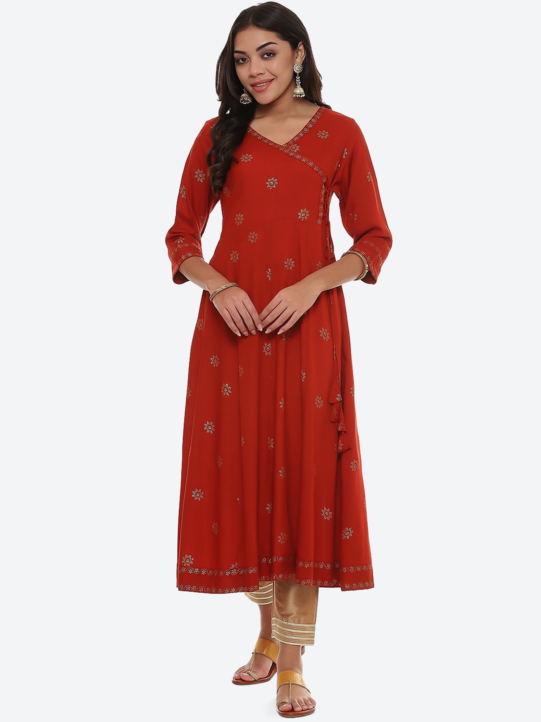 

2Bme Ethnic Motifs Embellished V-Neck Angrakha Anarkali Kurta, Rust