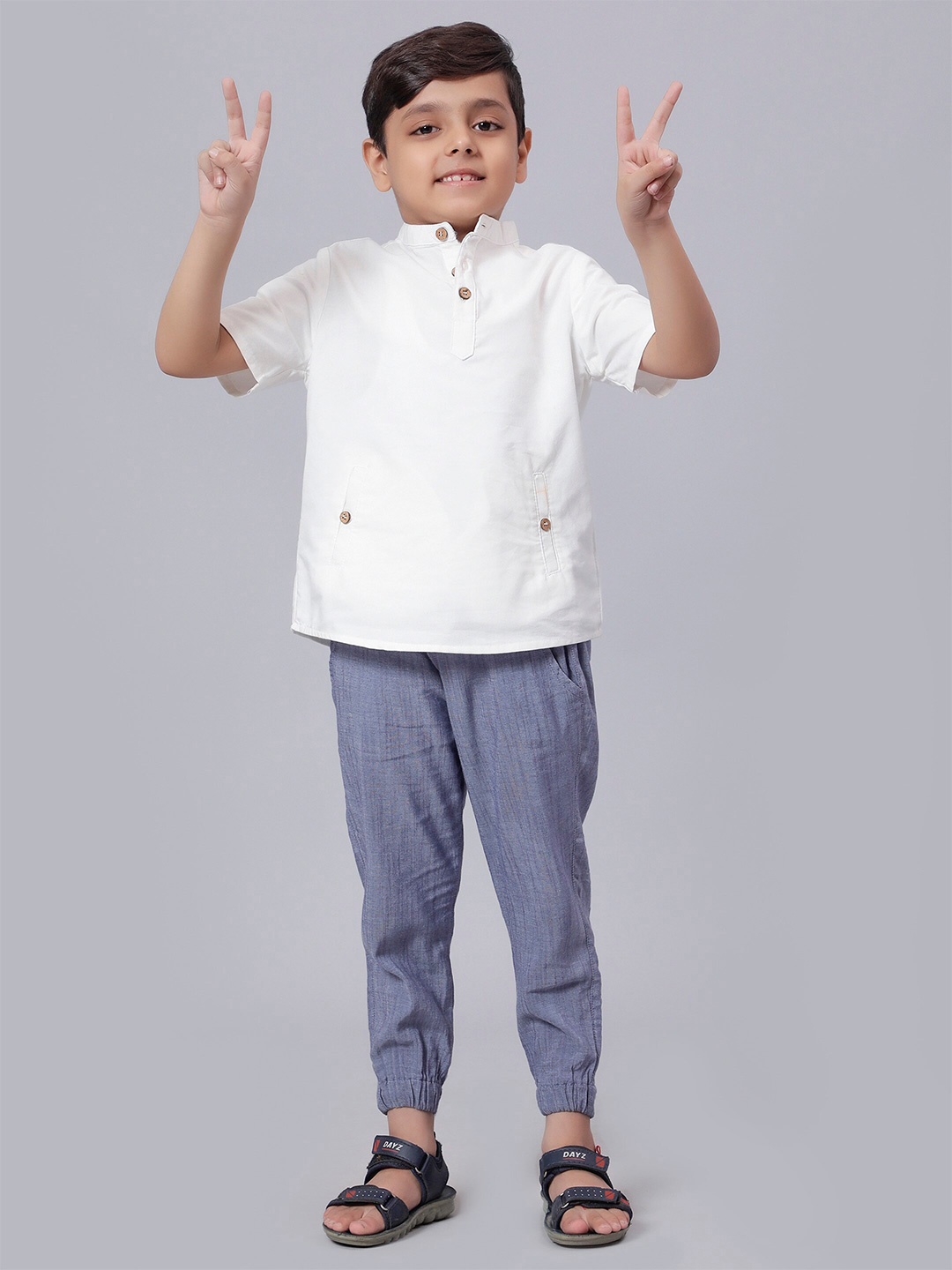 

Biglilpeople Boys Band Collar Pure Cotton Shirt With Joggers Clothing Set, White
