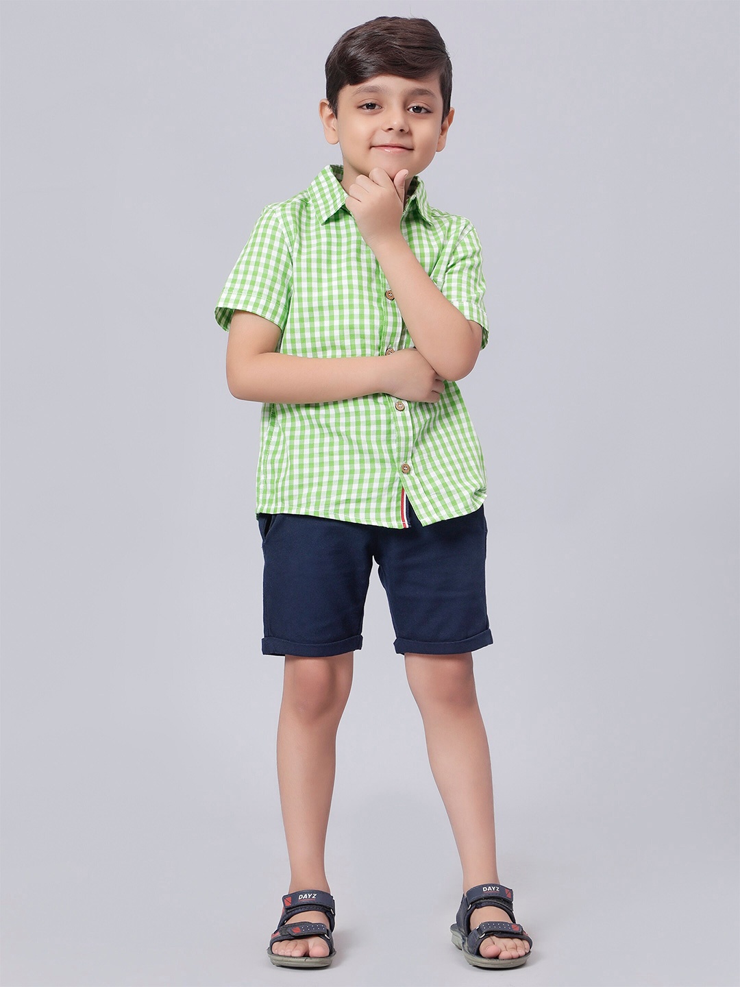 

Biglilpeople Boys Checked Pure Cotton Shirt With Shorts Clothing Set, Green
