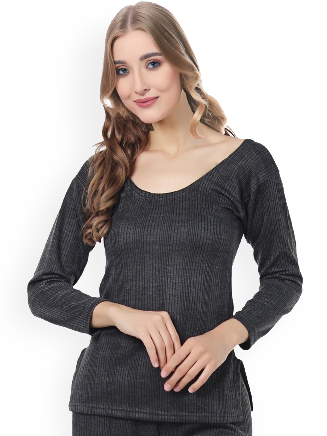 

FUNAHME Ribbed Round Neck Thermal Set, Grey