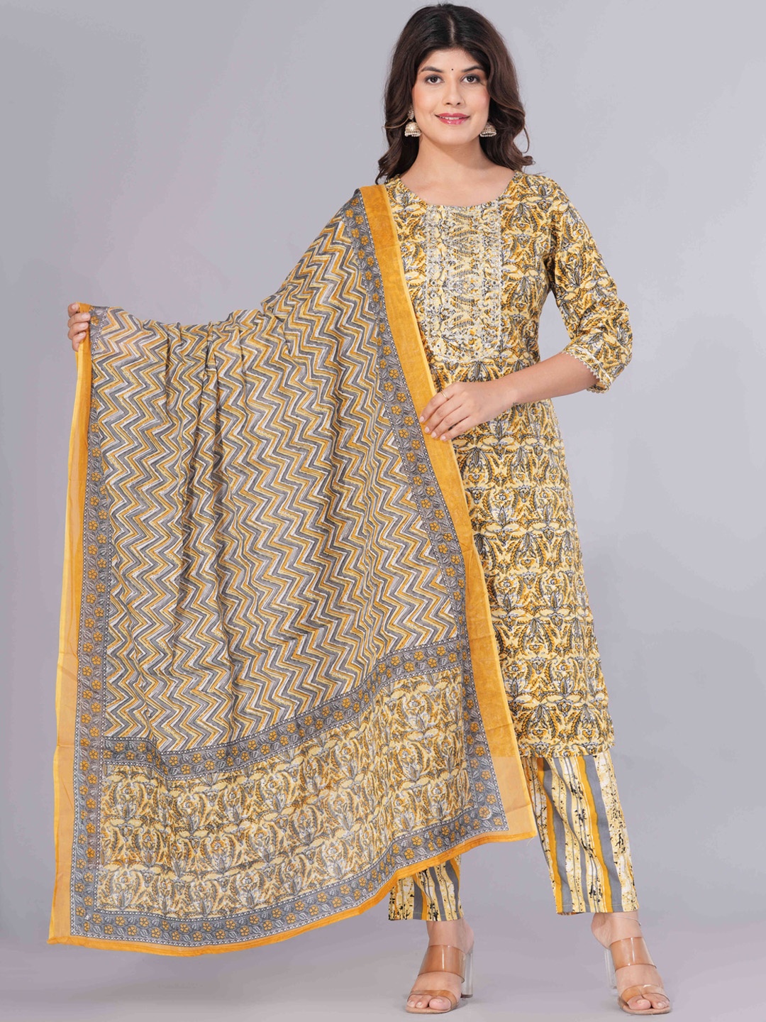 

Sanganeri Kurti Ethnic Motifs Printed Thread Work Pure Cotton Kurta Set, Mustard