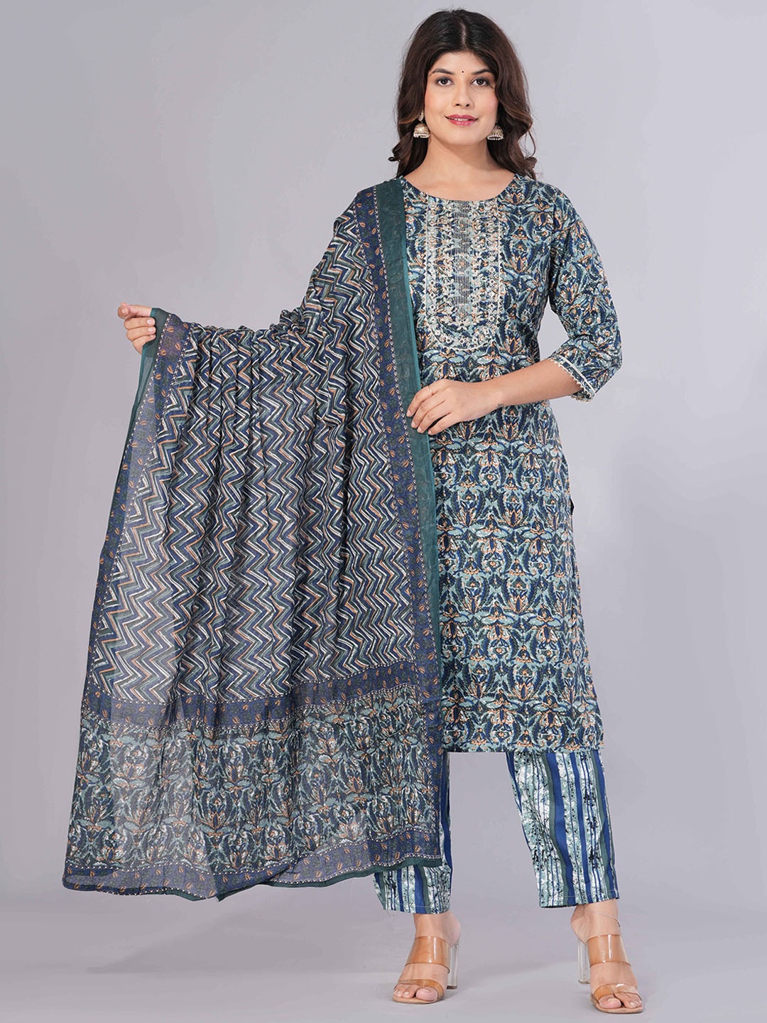 

Sanganeri Kurti Floral Printed Pure Cotton Kurta With Trousers & Dupatta, Navy blue