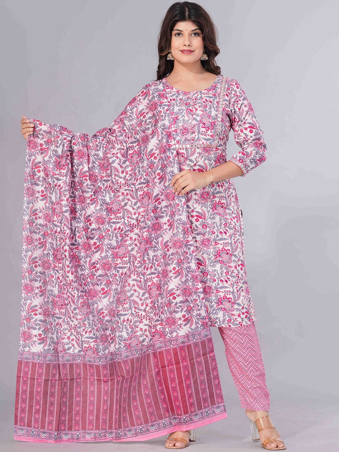

Sanganeri Kurti Ethnic Motifs Printed Mirror Work Pure Cotton Kurta Set, Pink