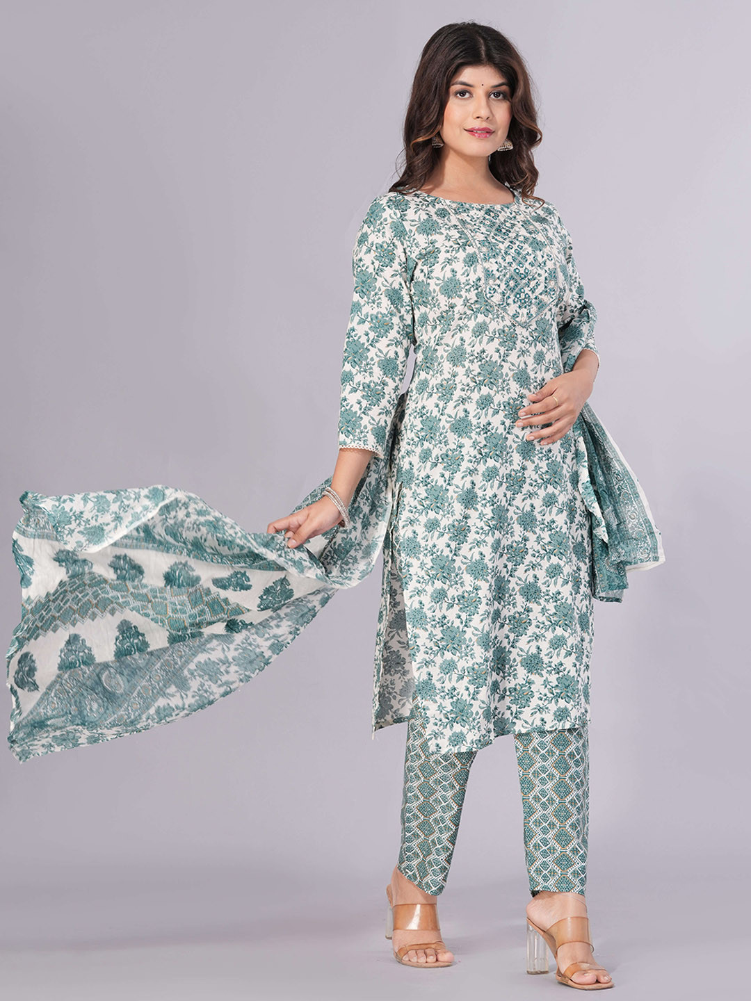 

Sanganeri Kurti Ethnic Motifs Printed Mirror Work Pure Cotton Kurta Set, Green