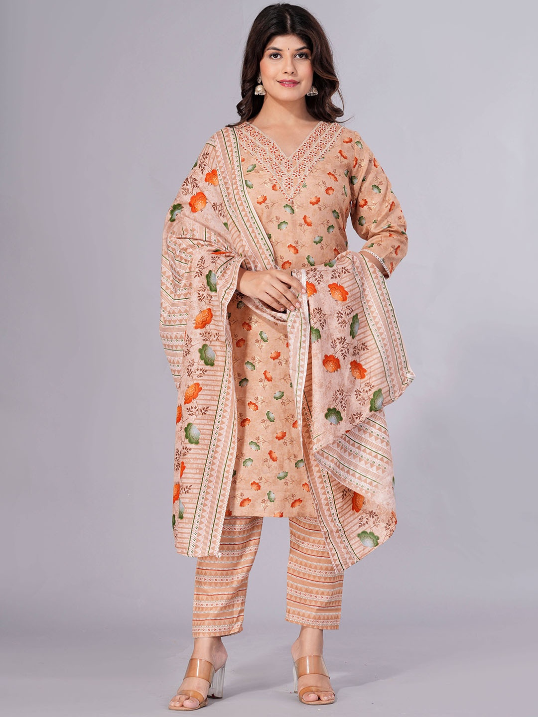 

Sanganeri Kurti Floral Printed Thread Work Pure Cotton Kurta With Trousers & Dupatta, Peach