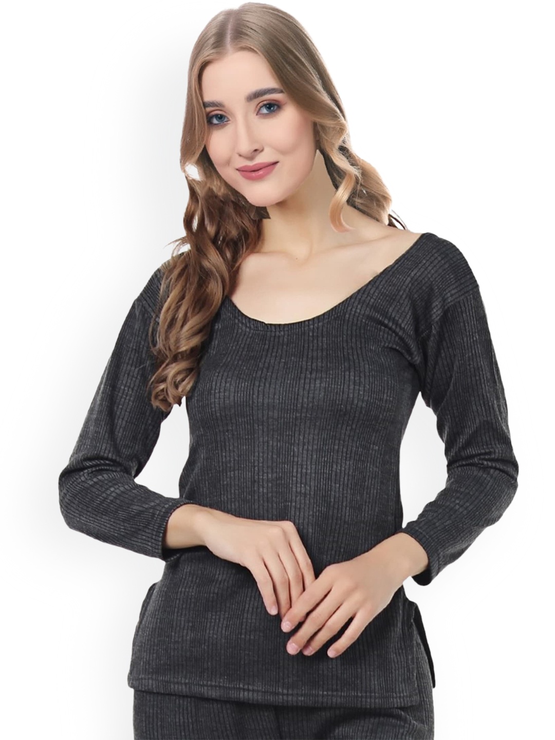 

FUNAHME Ribbed Round Neck Thermal Top, Grey