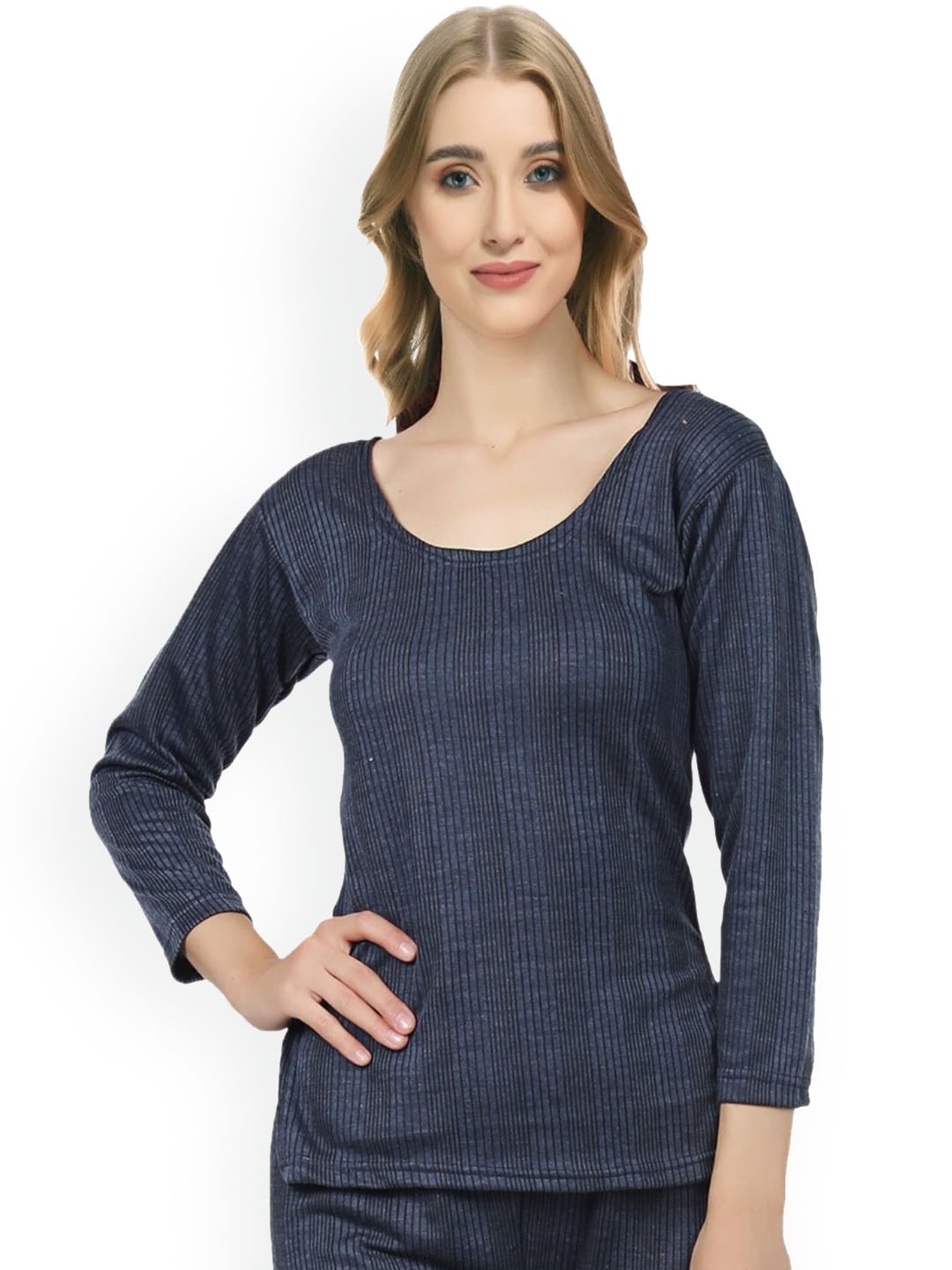 

FUNAHME Ribbed Round Neck Thermal Top, Blue