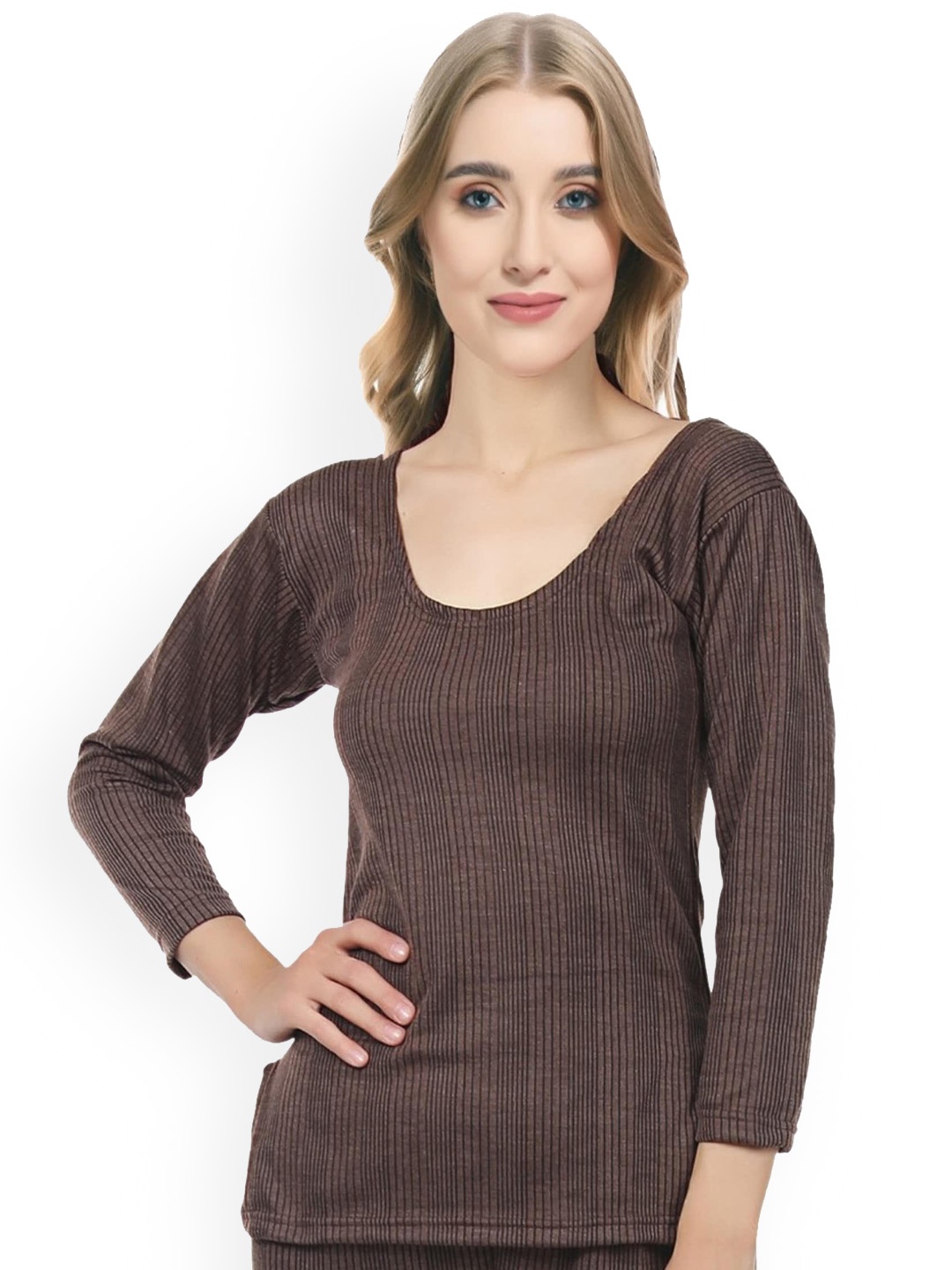 

FUNAHME Ribbed Round Neck Thermal Top, Mustard