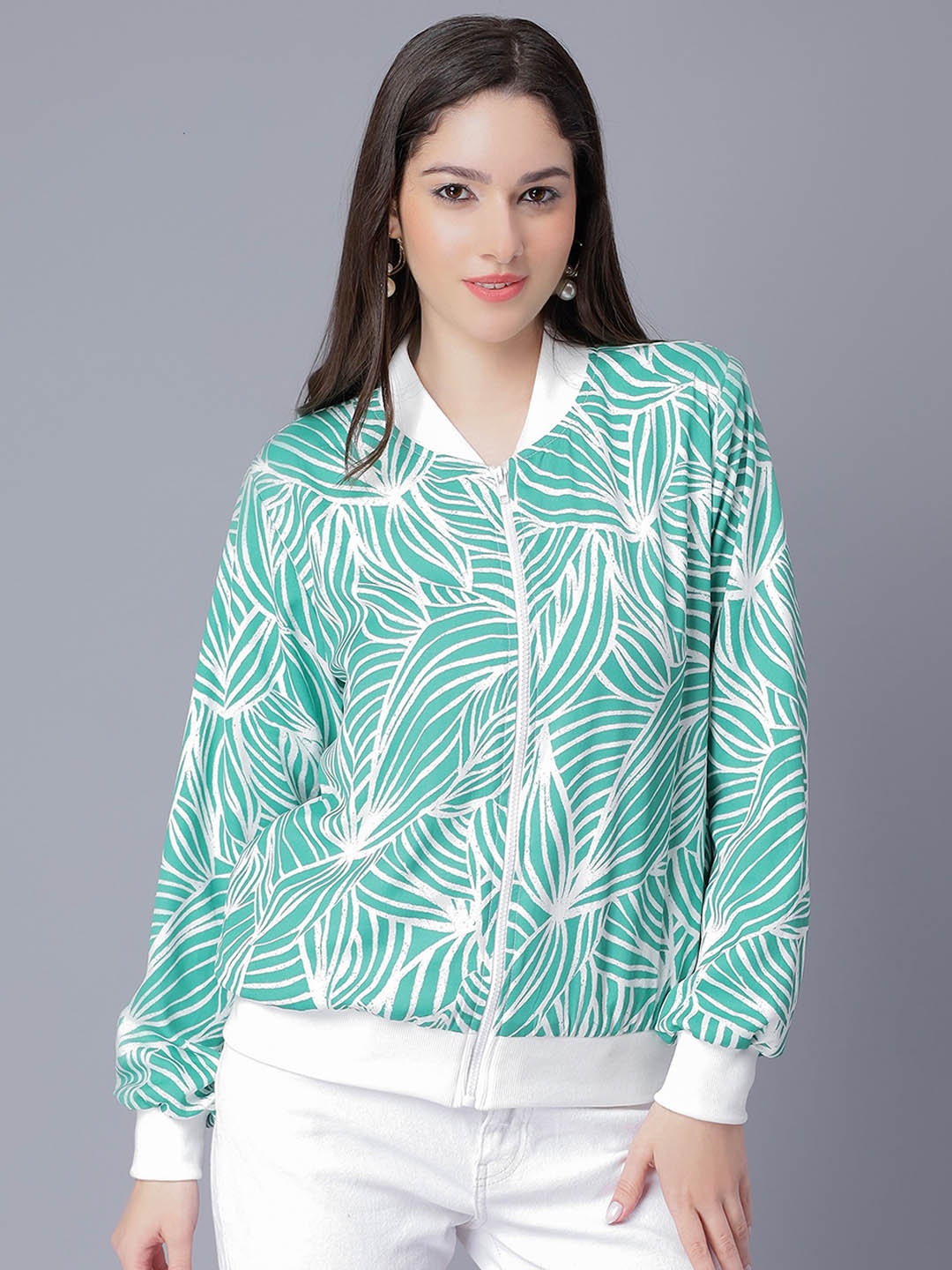 

NUEVOSDAMAS Floral Printed Stand Collar Bomber Jacket, Green