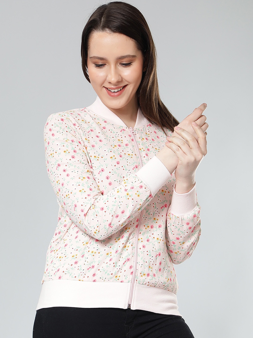 

NUEVOSDAMAS Floral Printed Stand Collar Bomber Jacket, Pink