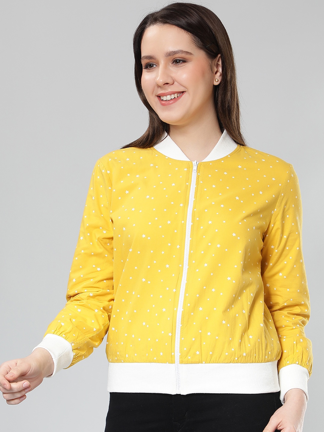 

NUEVOSDAMAS Geometric Printed Mock Collar Cotton Bomber Jacket, Yellow