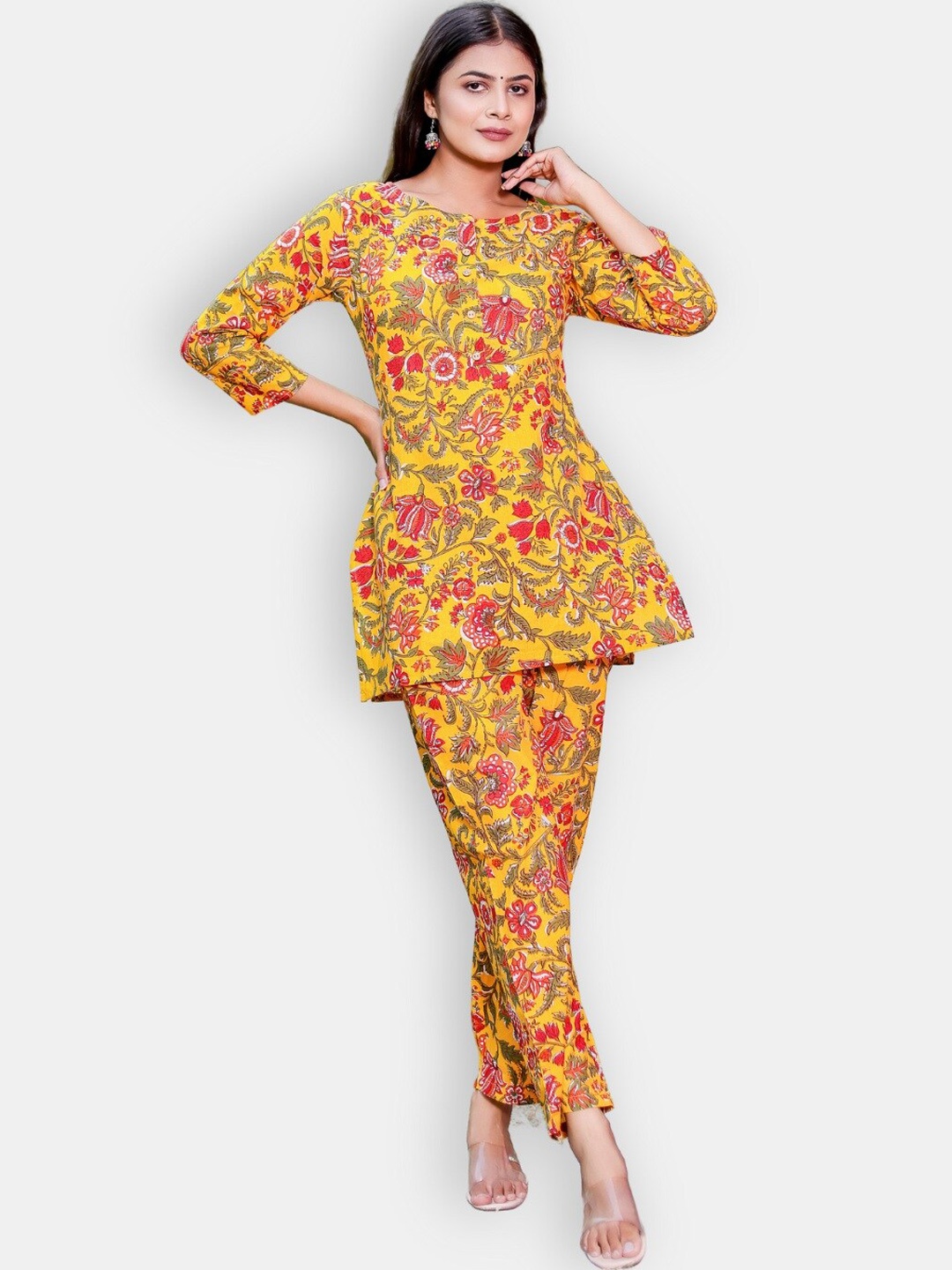 

VEDANA Floral Printed Pure Cotton Top With Printed Trousers, Mustard
