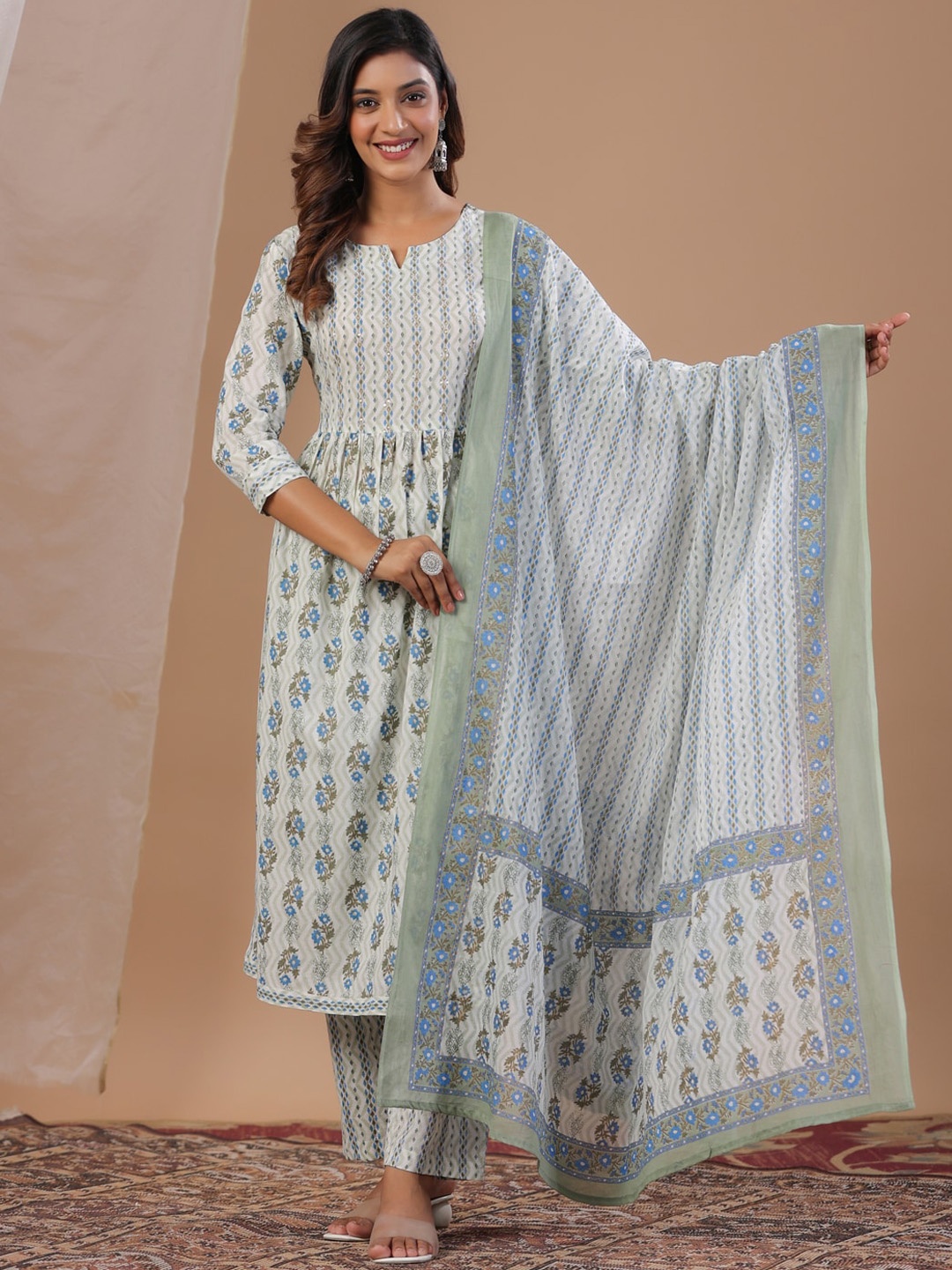 

Sangria Floral Printed A-Line Kurta With Trouser & Dupatta, White