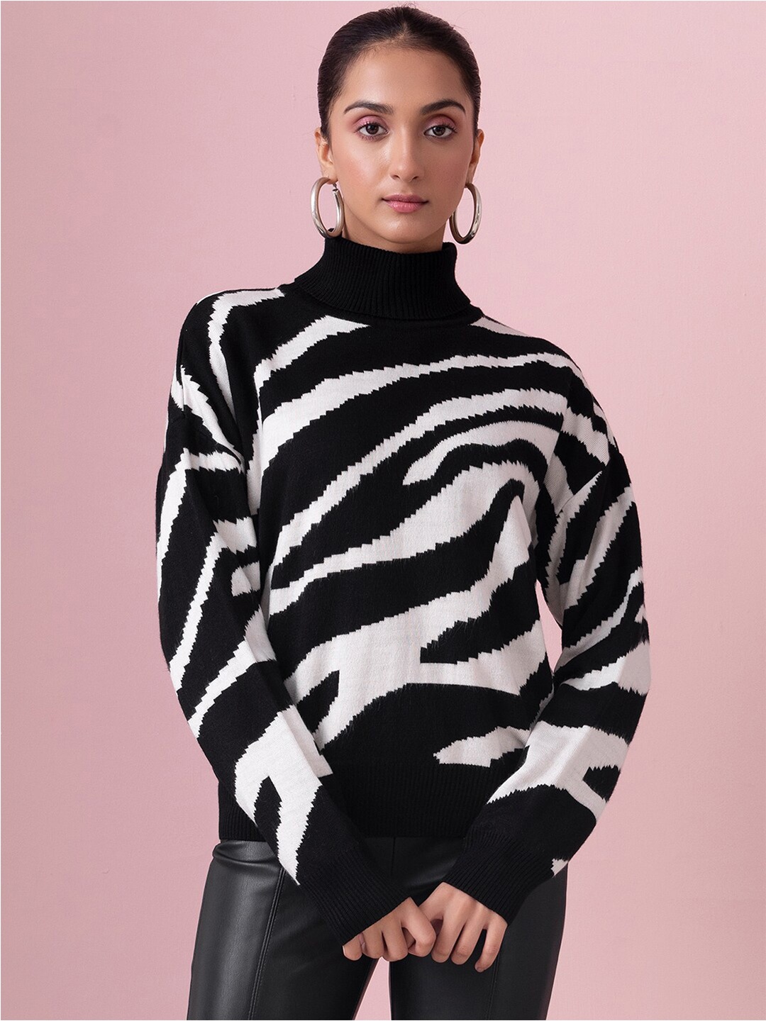 

FabAlley Animal Printed Turtle Neck Sweater, Black