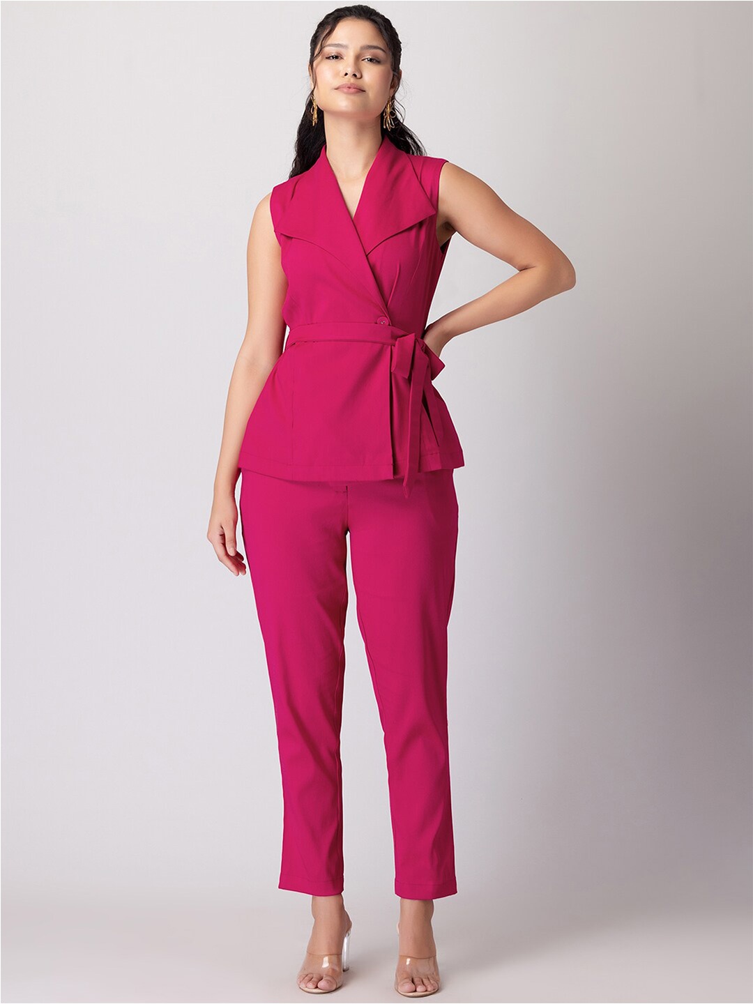 

FabAlley Lapel Collar Sleeveless Belted Top & Trousers, Pink