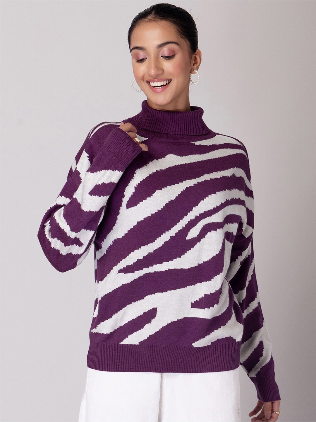 

FabAlley Animal Printed Turtle Neck Sweater, Purple