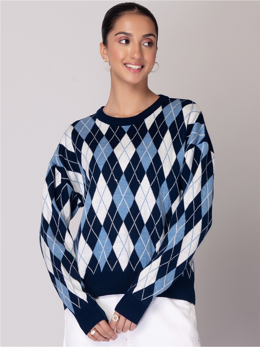

FabAlley Argyle Printed Drop-Shoulder Sleeves Sweater, Blue