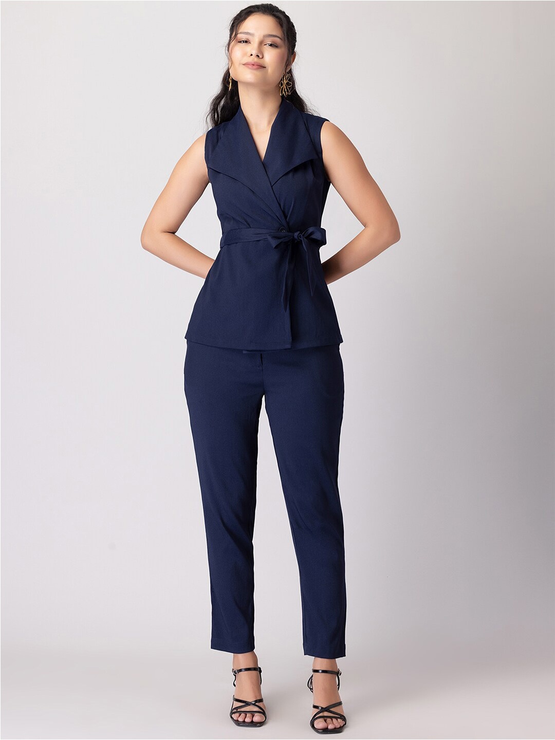 

FabAlley Lapel Collar Sleeveless Belted Top & Trousers, Navy blue