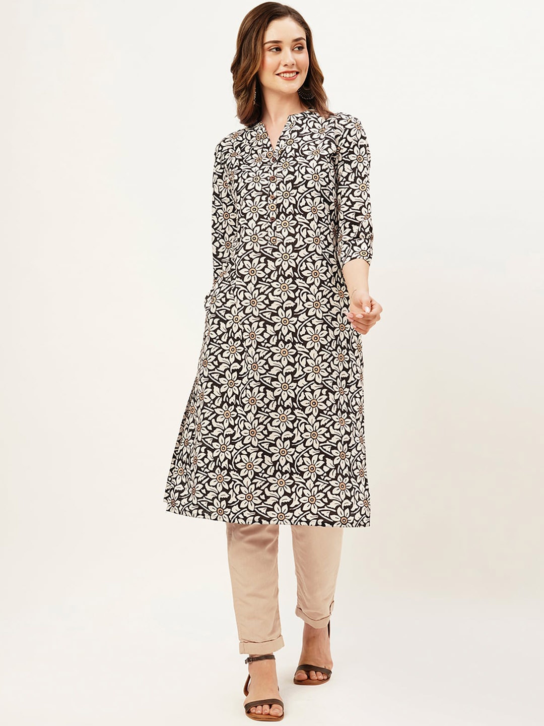 

ODETTE Floral Printed Mandarin Collar Straight Kurta, Black