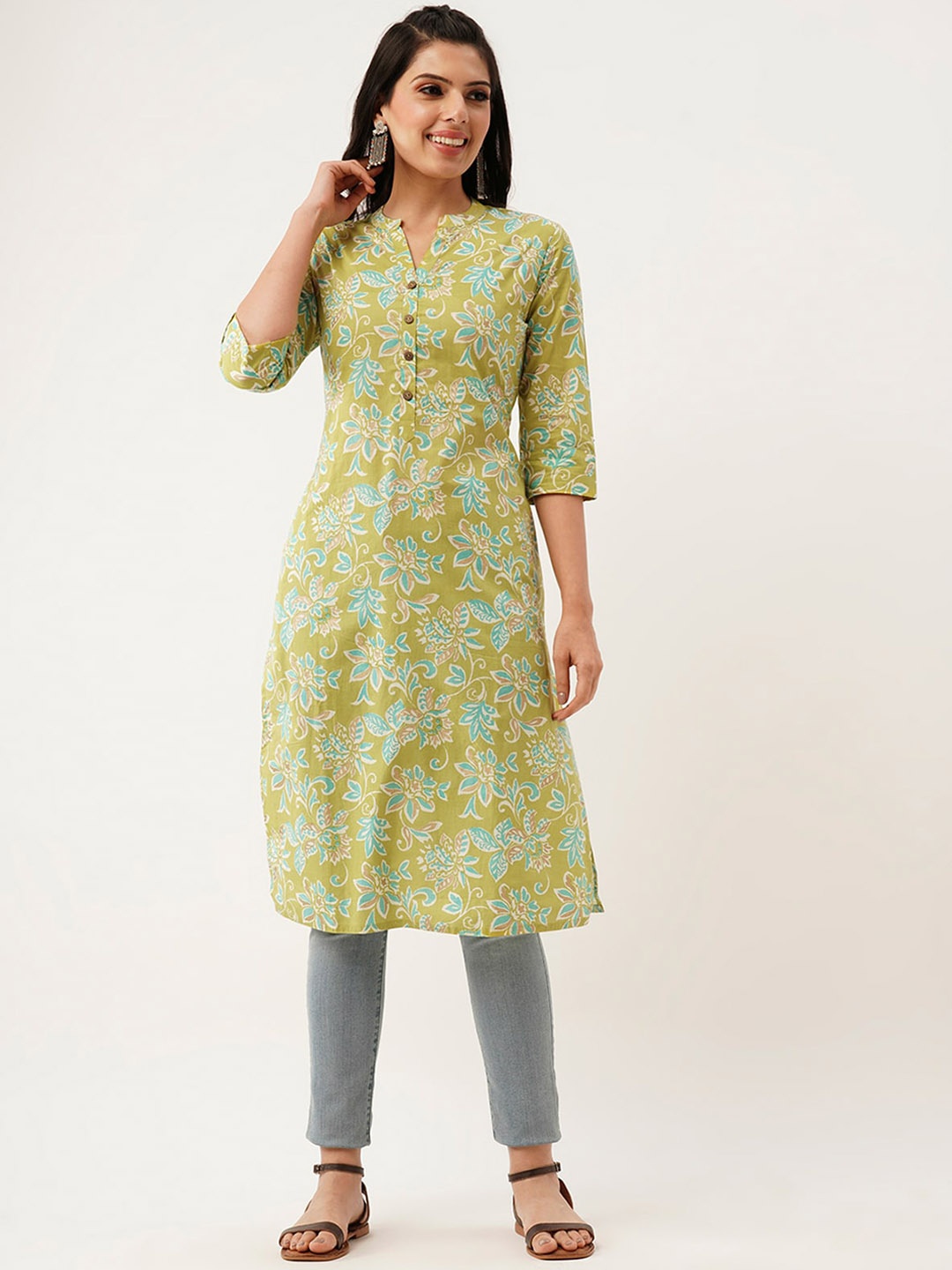

ODETTE Floral Printed Mandarin Collar Straight Kurta, Green