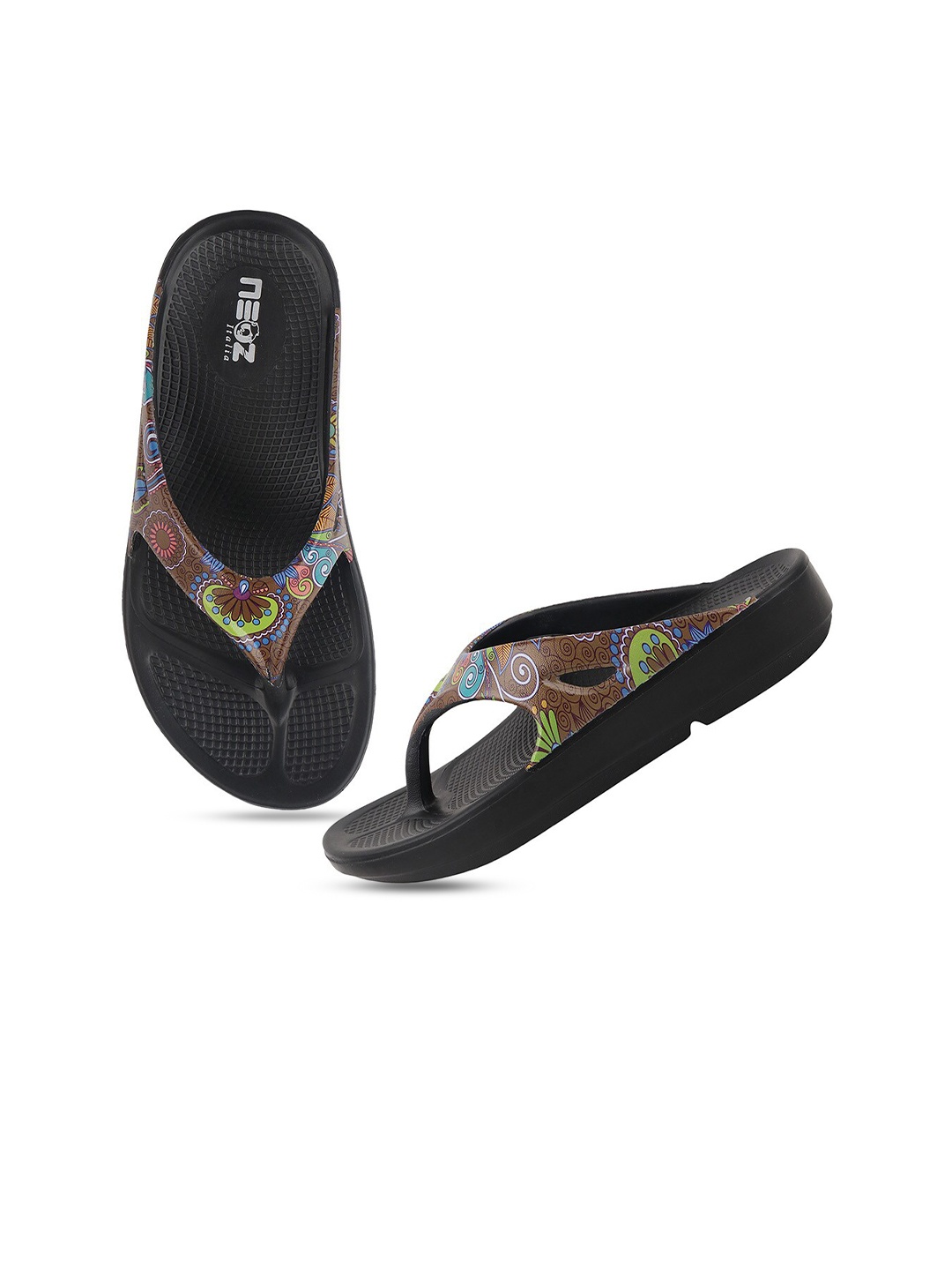 

NEOZ Women Printed Thong Flip-Flops, Black