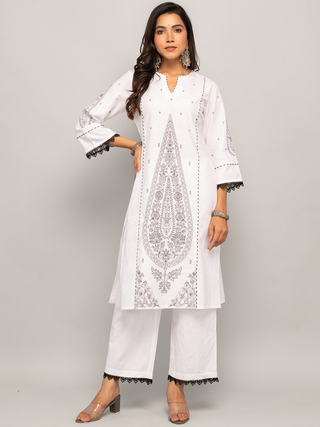 

FIORRA Printed Pure Cotton Kurta With Palazzos, White
