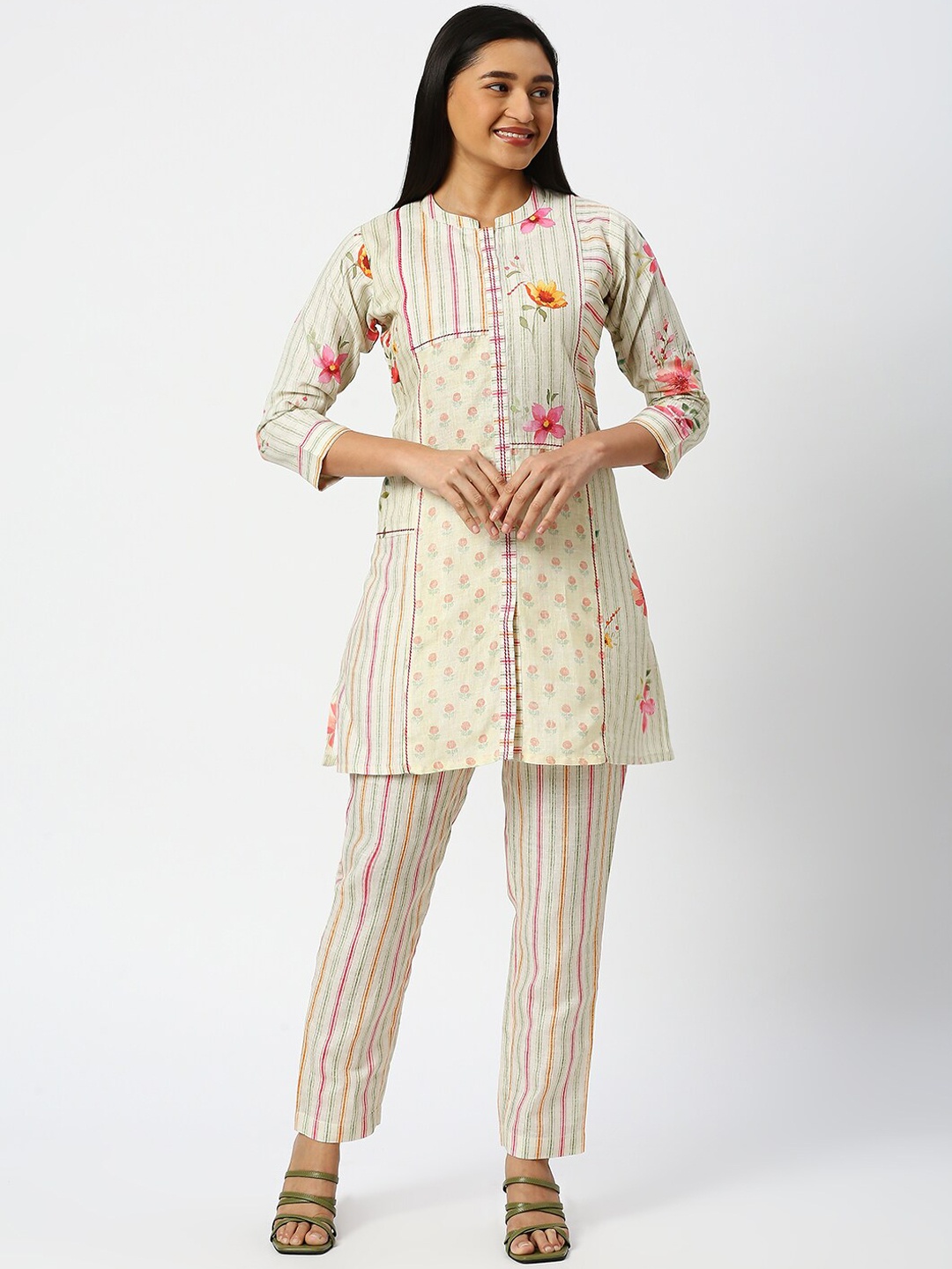 

DRESSLINE Floral Printed Mandarin Collar Linen Tunic With Trousers, Cream