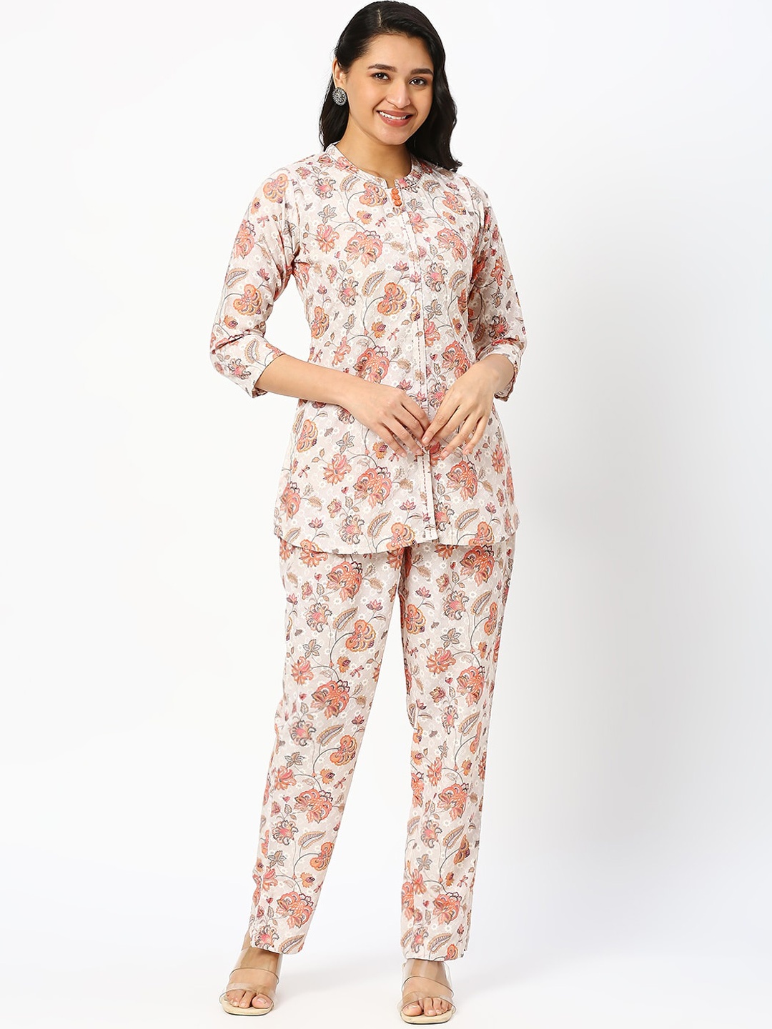 

DRESSLINE Floral Printed Mandarin Collar Pure Cotton Tunic With Trousers, Cream