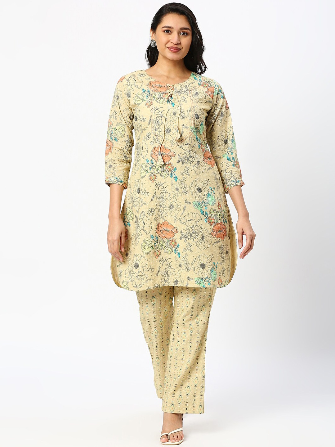 

DRESSLINE Floral Printed Cotton Keyhole Neck Tunic With Trouser, Yellow