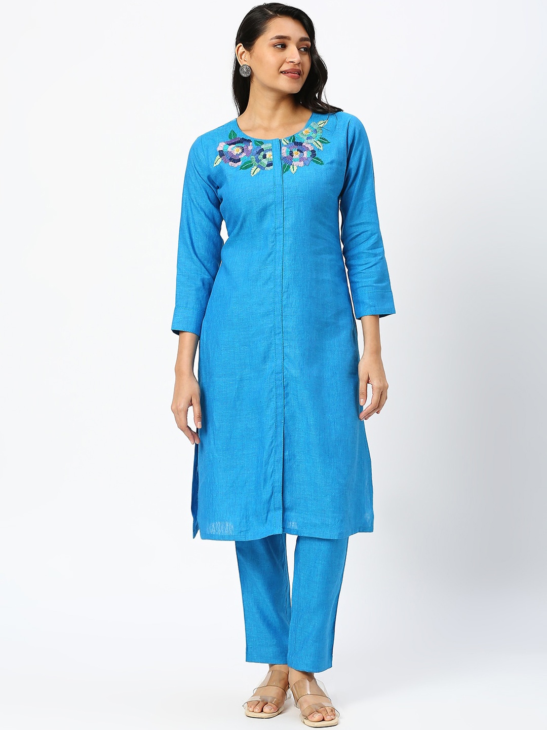 

DRESSLINE Floral Embroidered Round Neck Top With Trousers, Blue