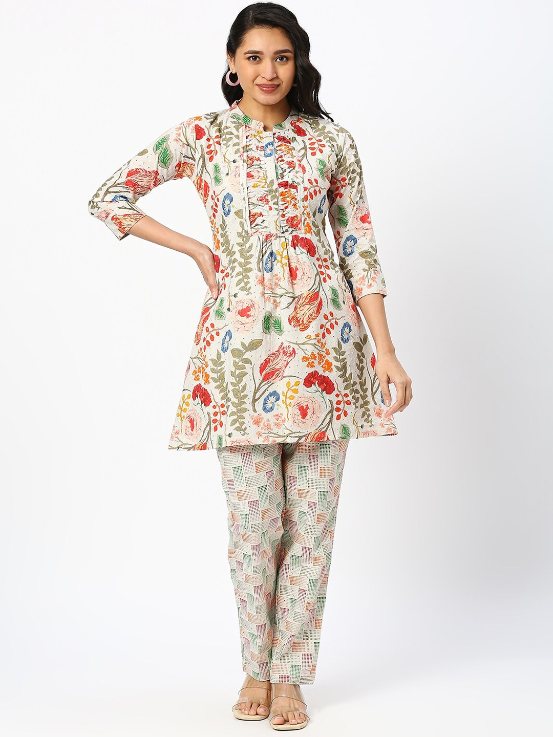 

DRESSLINE Floral Printed Pure Cotton Mandarin-Collar Tunic With Trouser, Cream