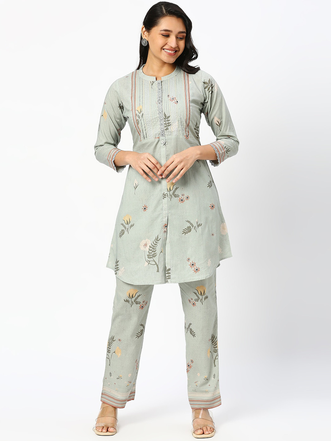 

DRESSLINE Floral Printed Mandarin Collar Thread Work Pure Cotton A-Line Kurta Set, Green