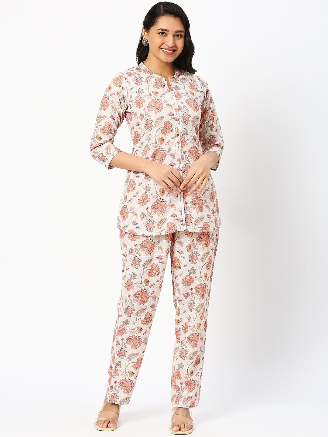 

DRESSLINE Floral PrintedMandarin Collar Shirt With Trousers, Cream