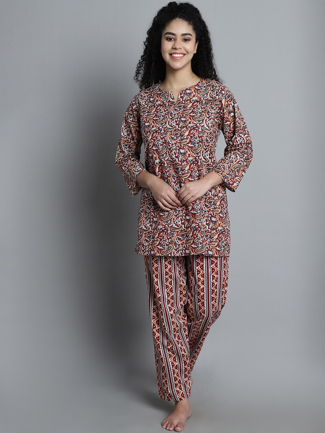

Shararat Ethnic Motifs Printed Pure Cotton Night suit, Brown