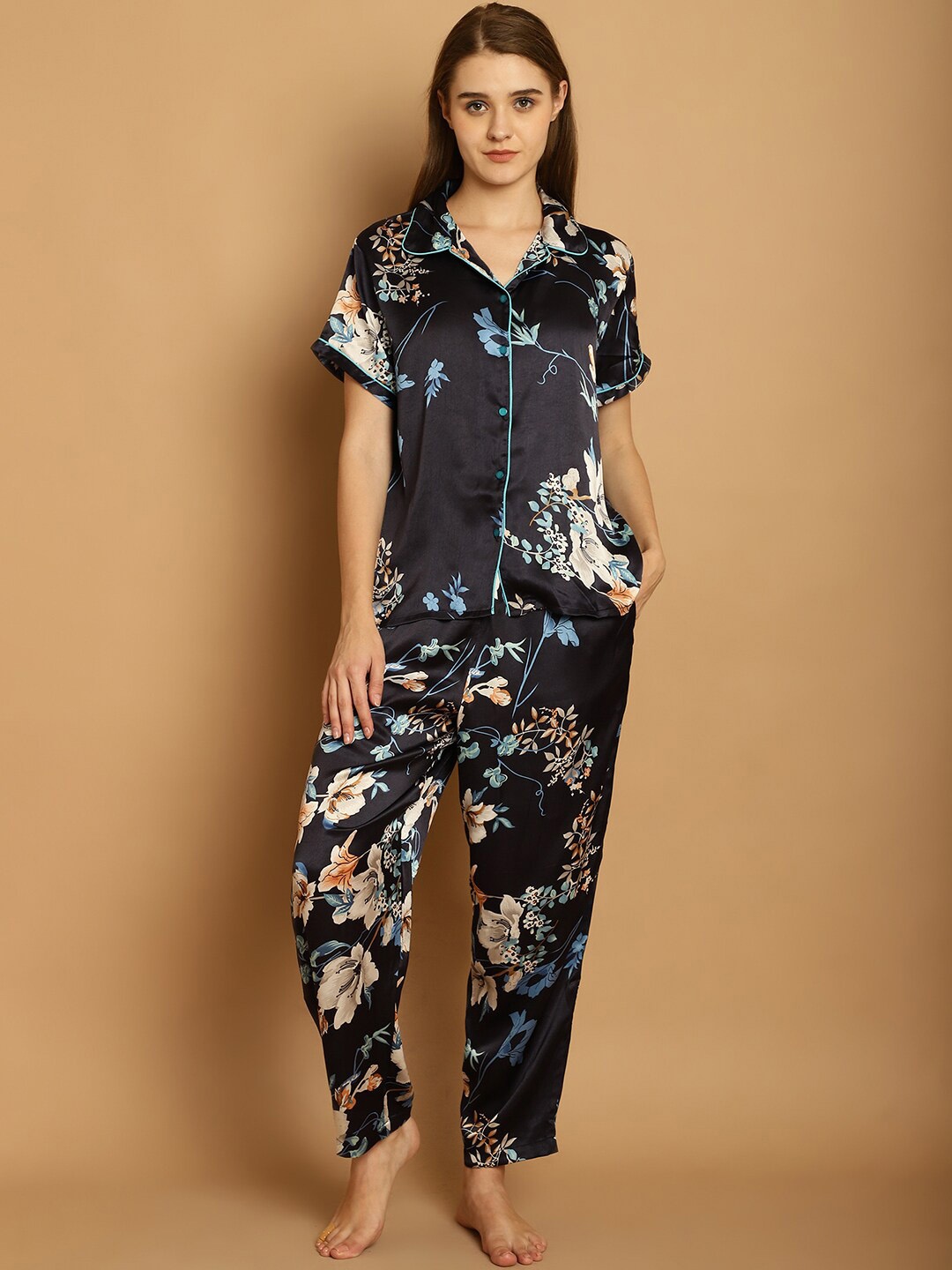 

Shararat Floral Printed Satin Night suit, Blue