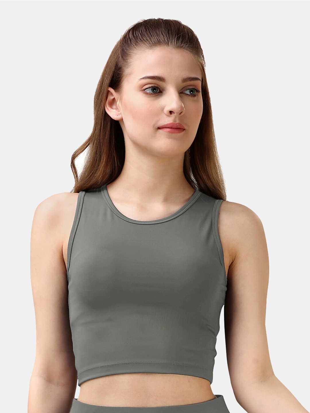 

Soie Sleeveless Fitted Sports Crop Top, Grey