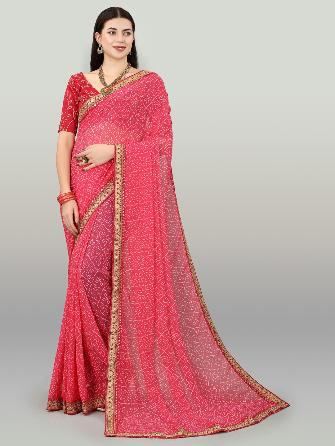 

DWIZA ENTERPRISE Bandhani Printed Embroidered Pure Georgette Bandhani Saree, Pink