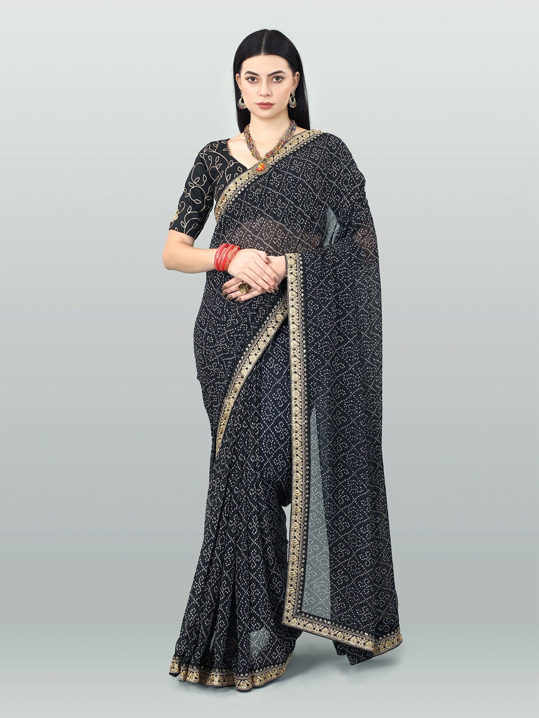 

DWIZA ENTERPRISE Bandhani Printed Embroidered Pure Georgette Bandhani Saree, Black