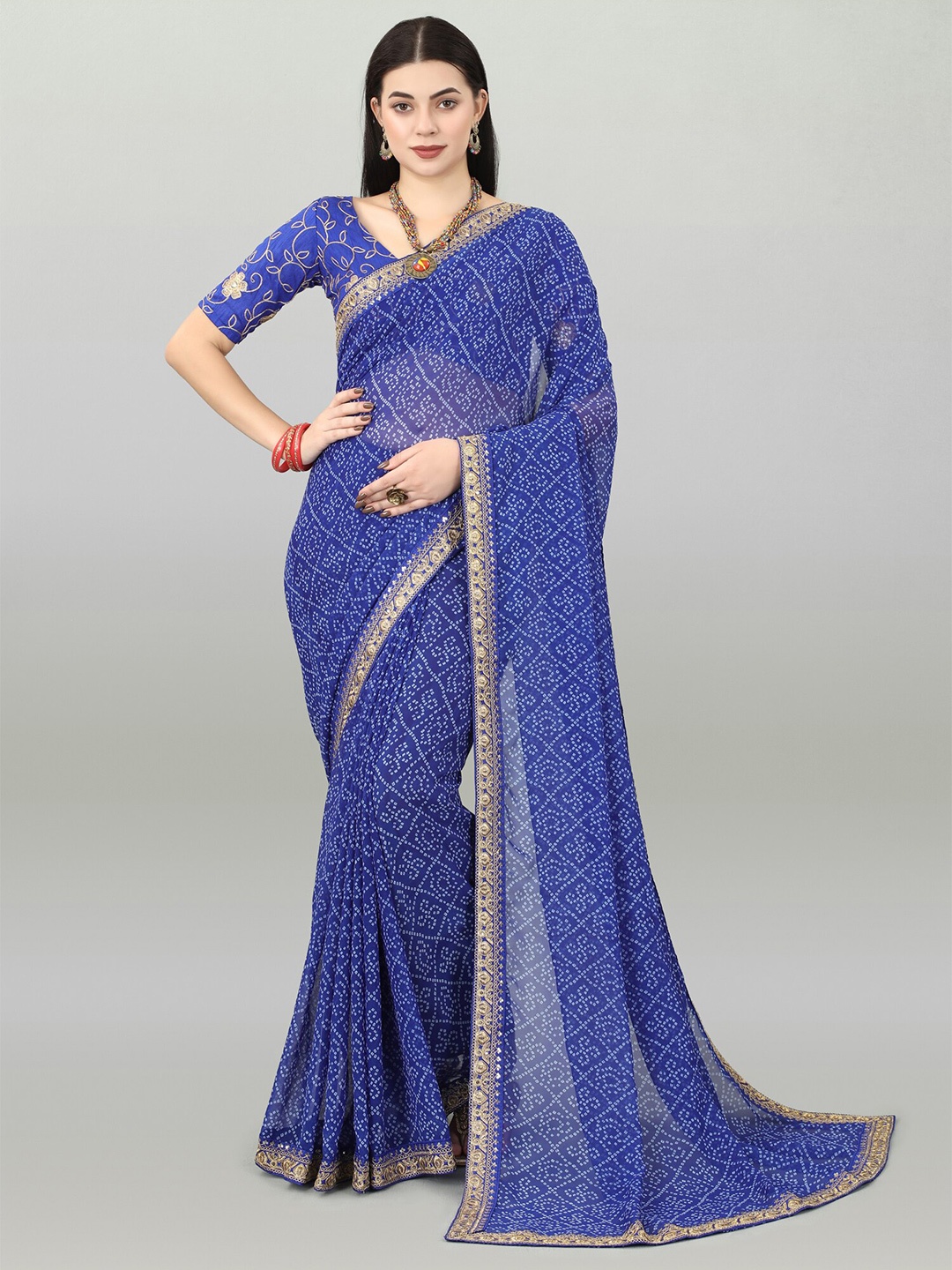 

DWIZA ENTERPRISE Bandhani Printed Embroidered Pure Georgette Bandhani Saree, Blue