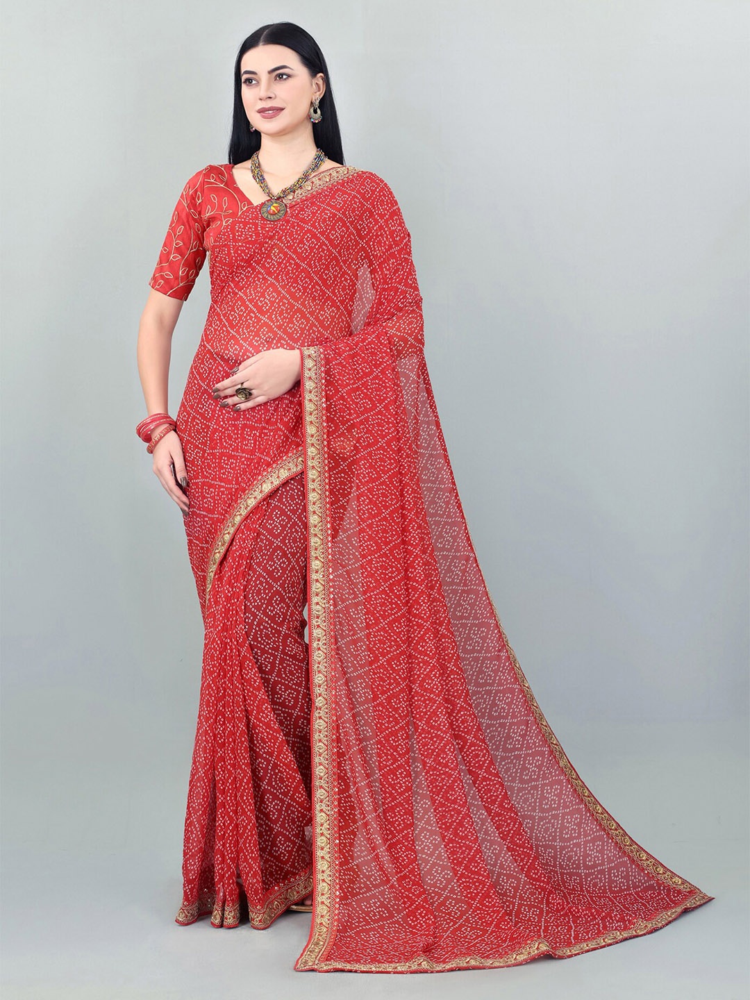

DWIZA ENTERPRISE Bandhani Printed Embroidered Pure Georgette Bandhani Saree, Red